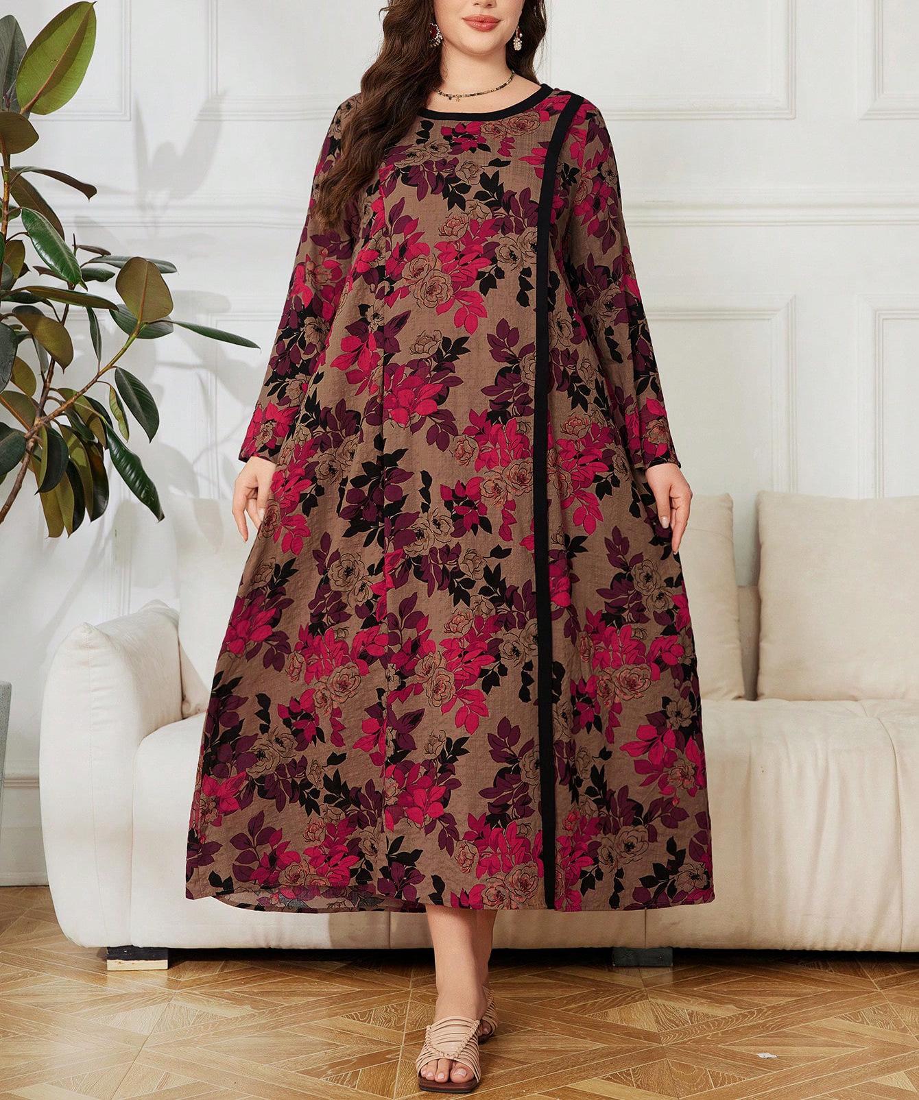 Plus Size Women s Elegant Ethnic Floral Mid-Length Dress with Cinched Waist and Long Sleeves 4XL