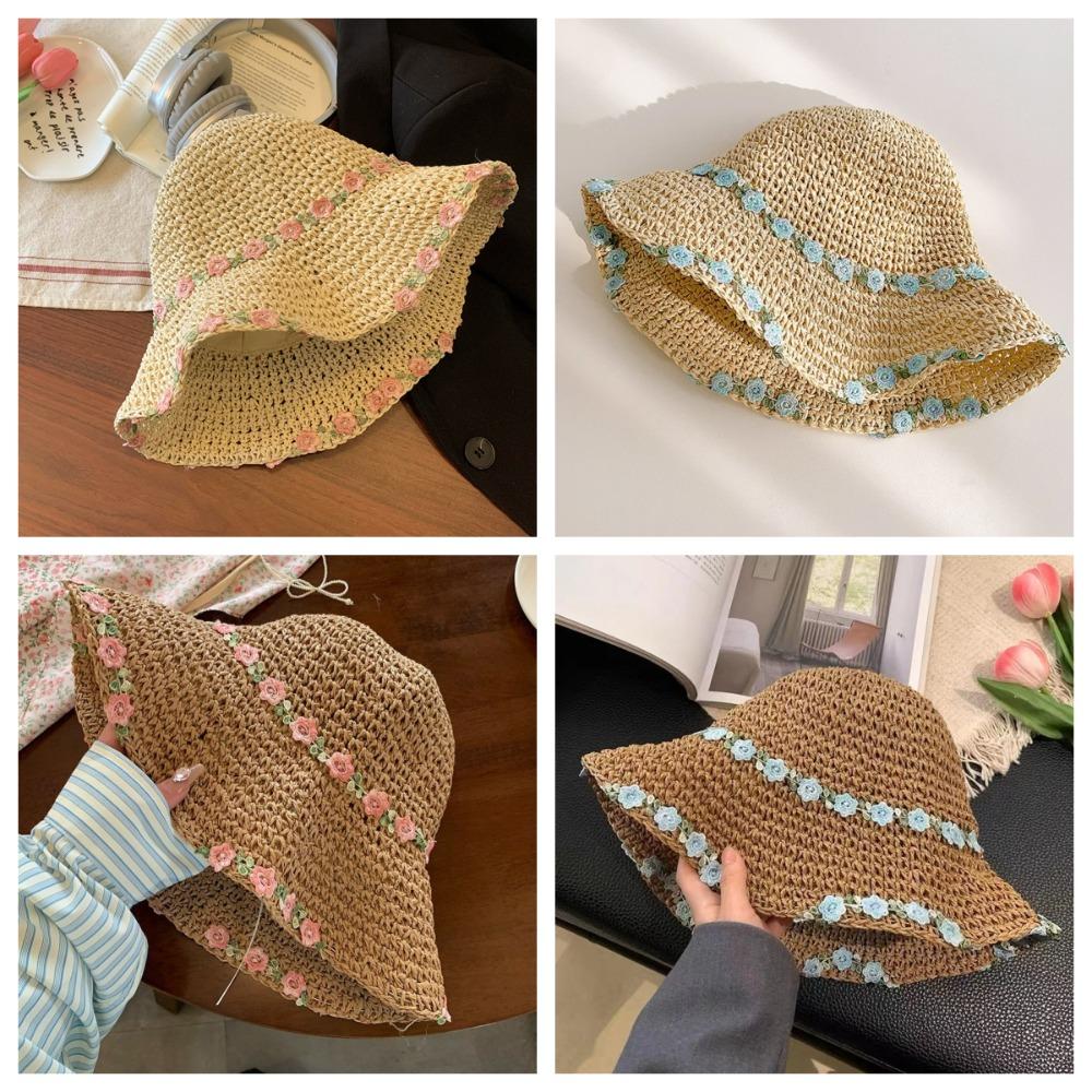 Wide Brim Beachside Sun Hat Fishing Cap Summer Beach Hat Flower Lafite Straw Hat  Outdoor