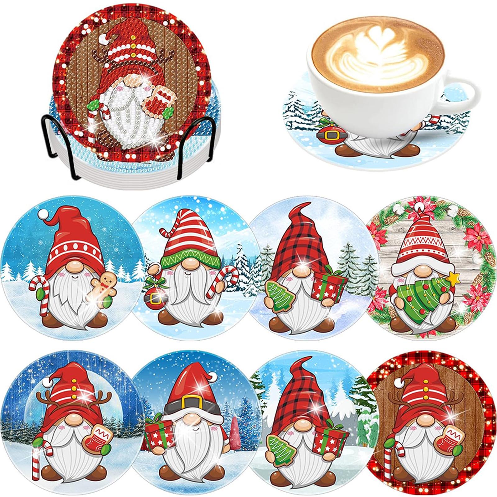 

8PCS Full Drill Diamond Coaster Christmas Gnome Acrylic/Wood Diamond Painting DIY Coaster for Adults Beginner Gift Supplies