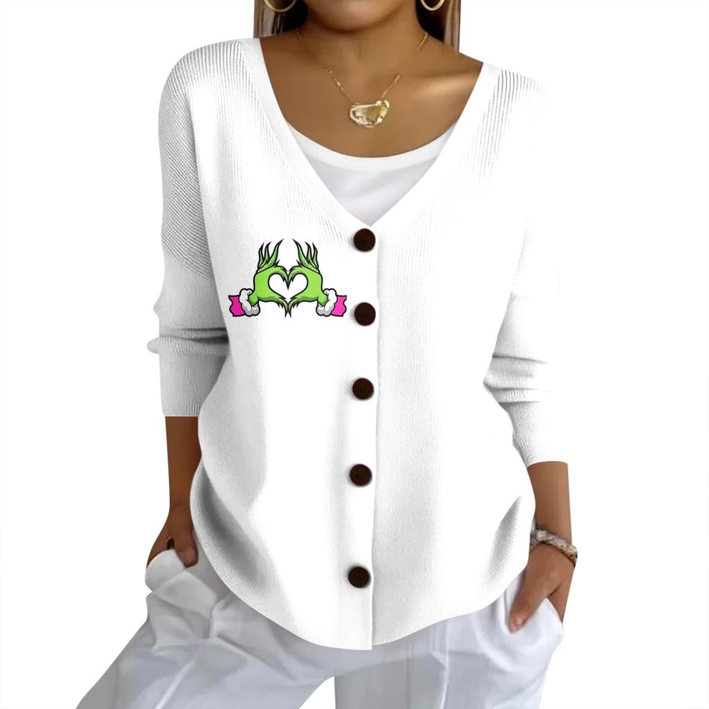 Women's Fashion Casual Knit Sweater Button-Up Christmas Print Cardigan Jacket