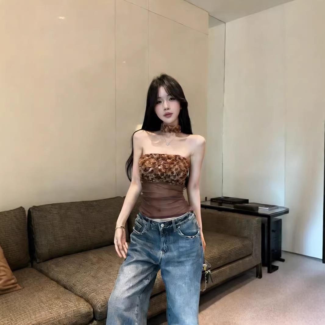 Women s Purple Sequined Mesh One-Shoulder Camisole Crop Top with Halter for Early Spring. One Size хаки