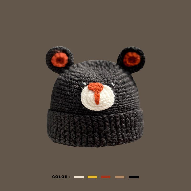 Cute Bear Knitted Hat Women Winter Cartoon Warm Unisex Beanie Japanese Handmade чёрный