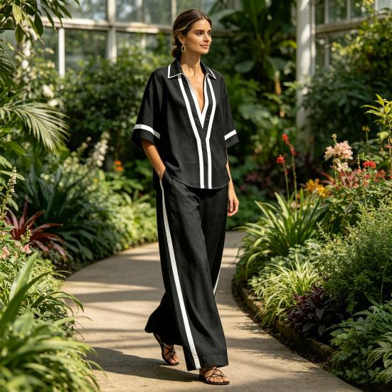 Conjuntos de 2 Peças Color Block para Mulheres Camisas de Manga Curta com Decote em V Profundo e Calças de Perna Larga Conjuntos de Verão para Relaxar