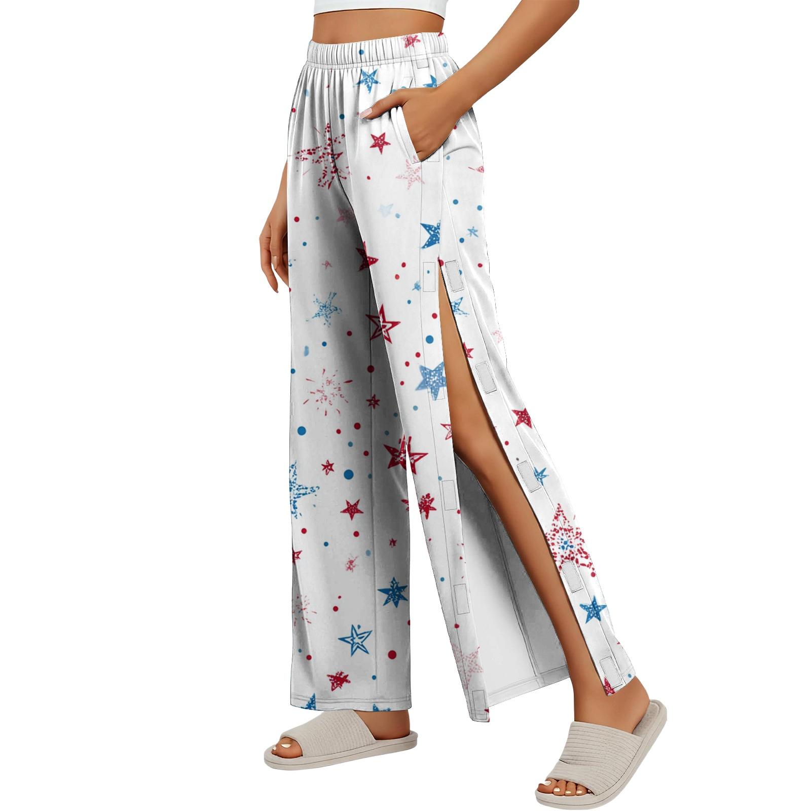 

Women Independence Day Print Side Velcro Closure Easy Open Post Surgery Recovery Care Long Pants Elastic Waistband Soft Fabric M білий
