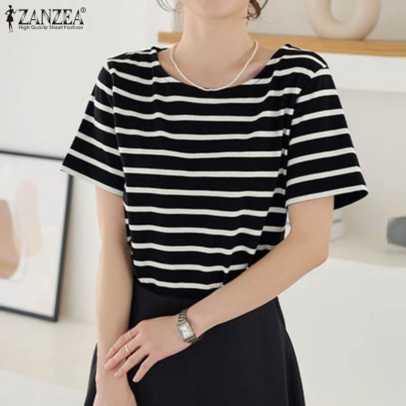 

ZANZEA Женская повседневная блузка в полоску с круглым вырезом и короткими рукавами, топы