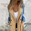 Women Spring Fall Coat Denim Jacket Overcoat Patchwork Double-breasted with Flap Pockets Colorblock Mid Length Lady Overcoat