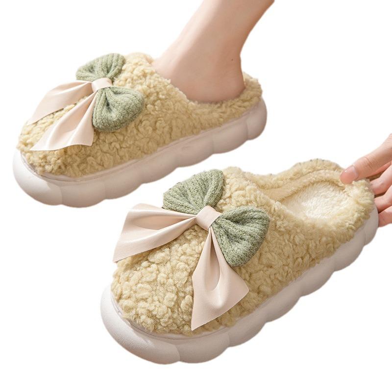 Women's Plush Thick-Soled Bow Slippers - Cozy Autumn/Winter Indoor Shoes