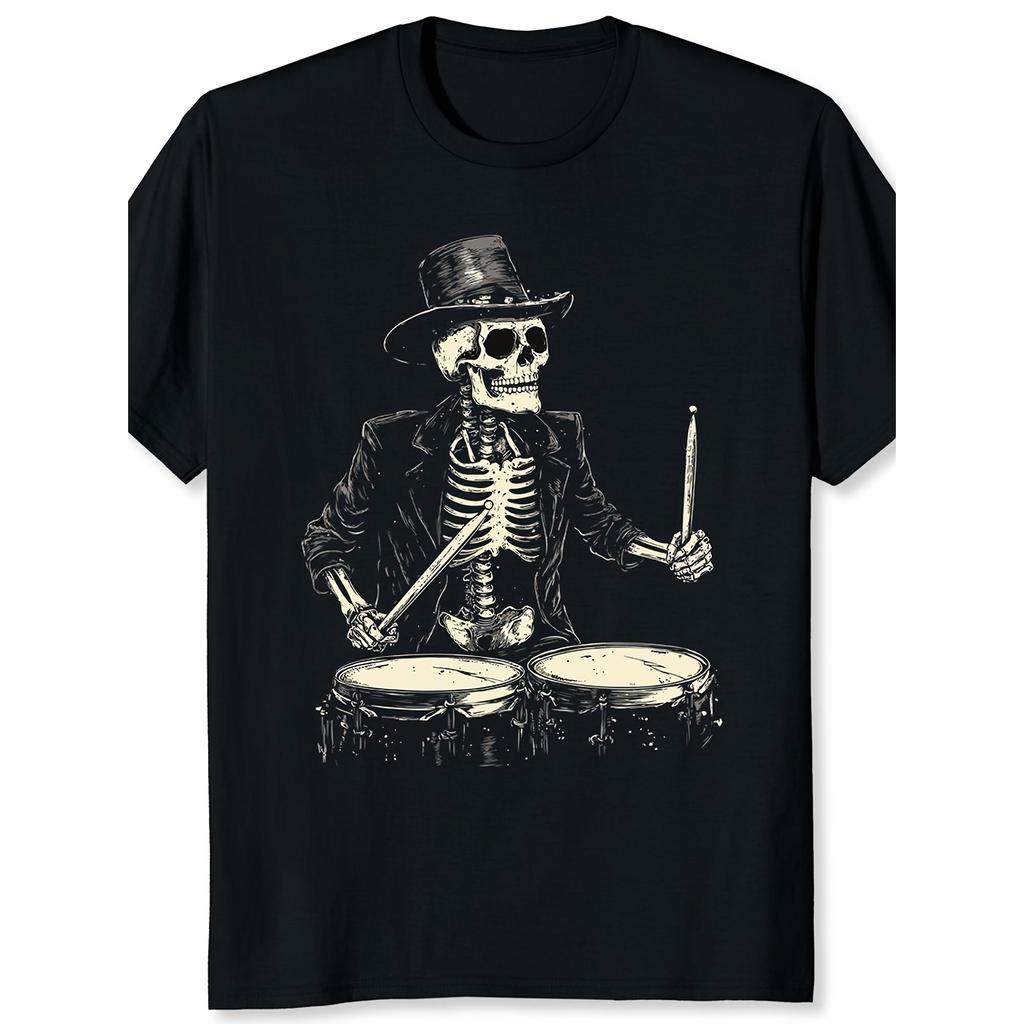 Men's Heavyweight 180gsm Vintage Gothic Skeleton Drummer T-Shirt Black White Rock Band Graphic