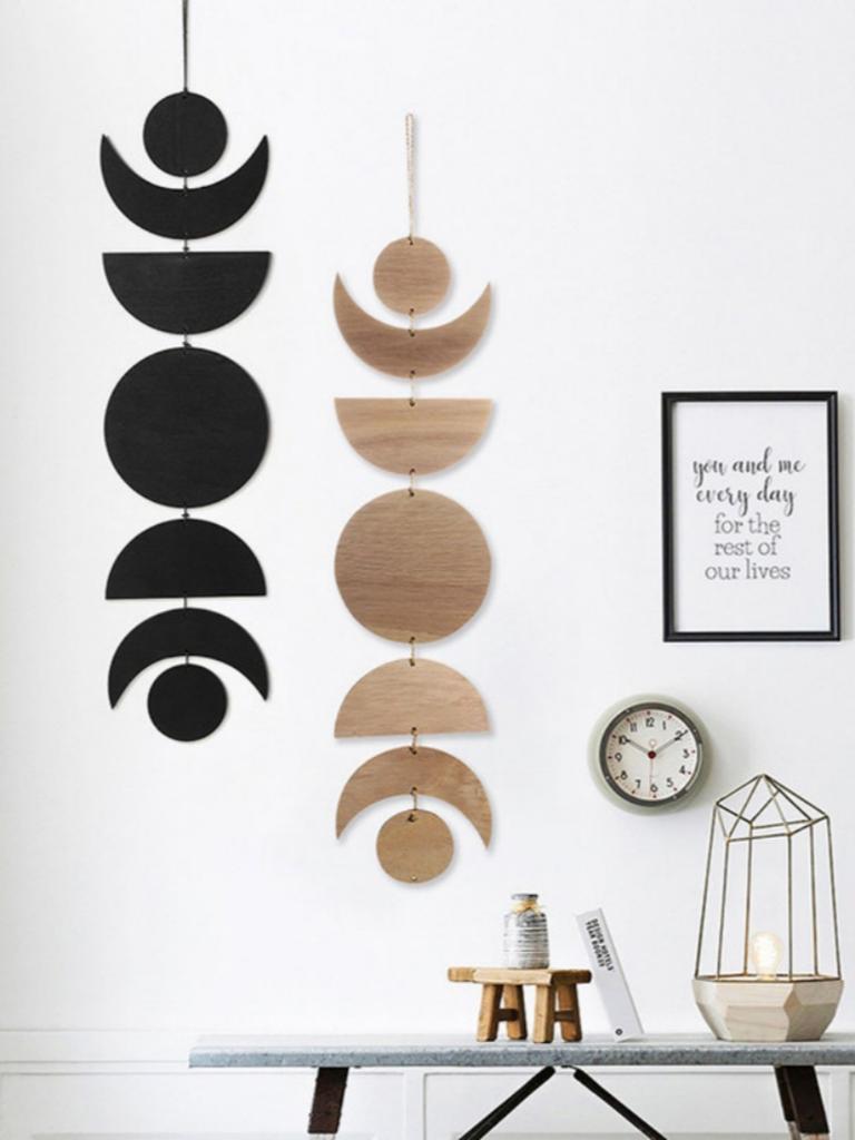 Mondphasen Wandbehang Holz Wanddeko Boho Heimdekoration Wohnzimmer Anhänger Holzkunst Hängende Ornamente für Ramadan Geschenk