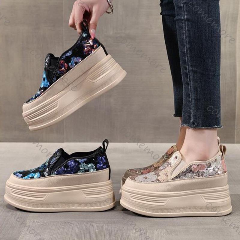 Fashion Comemore Sequin Flower Woman Platform Sneakers Wedge Shoes Female Height Increasing Ladies Breathable Casual Slip On Women Shoes