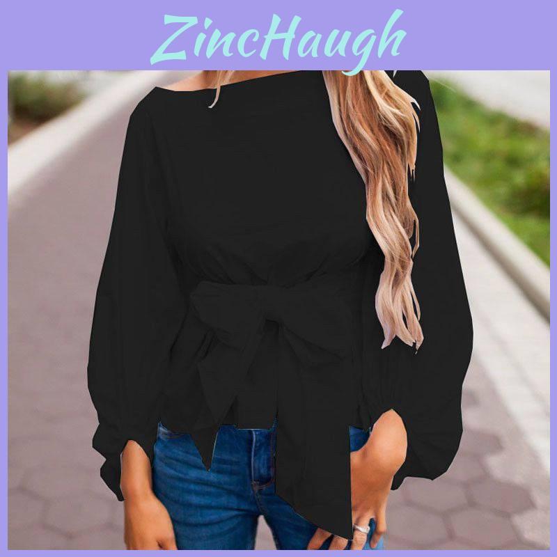 Trendy Loose-fit Chiffon Lantern Sleeve Top With Bowknot For Women Spring