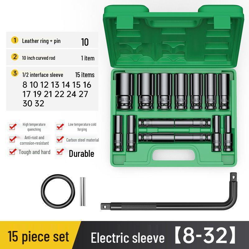 Extended Electric Air Impact Wrench Set with 8-32mm Hex Sockets