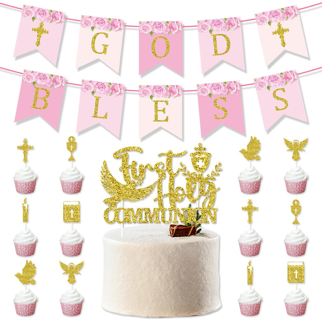 Decorazione Festa Battesimo Comunione Bambino Bandierina Dio Benedica Posizionamento Torta