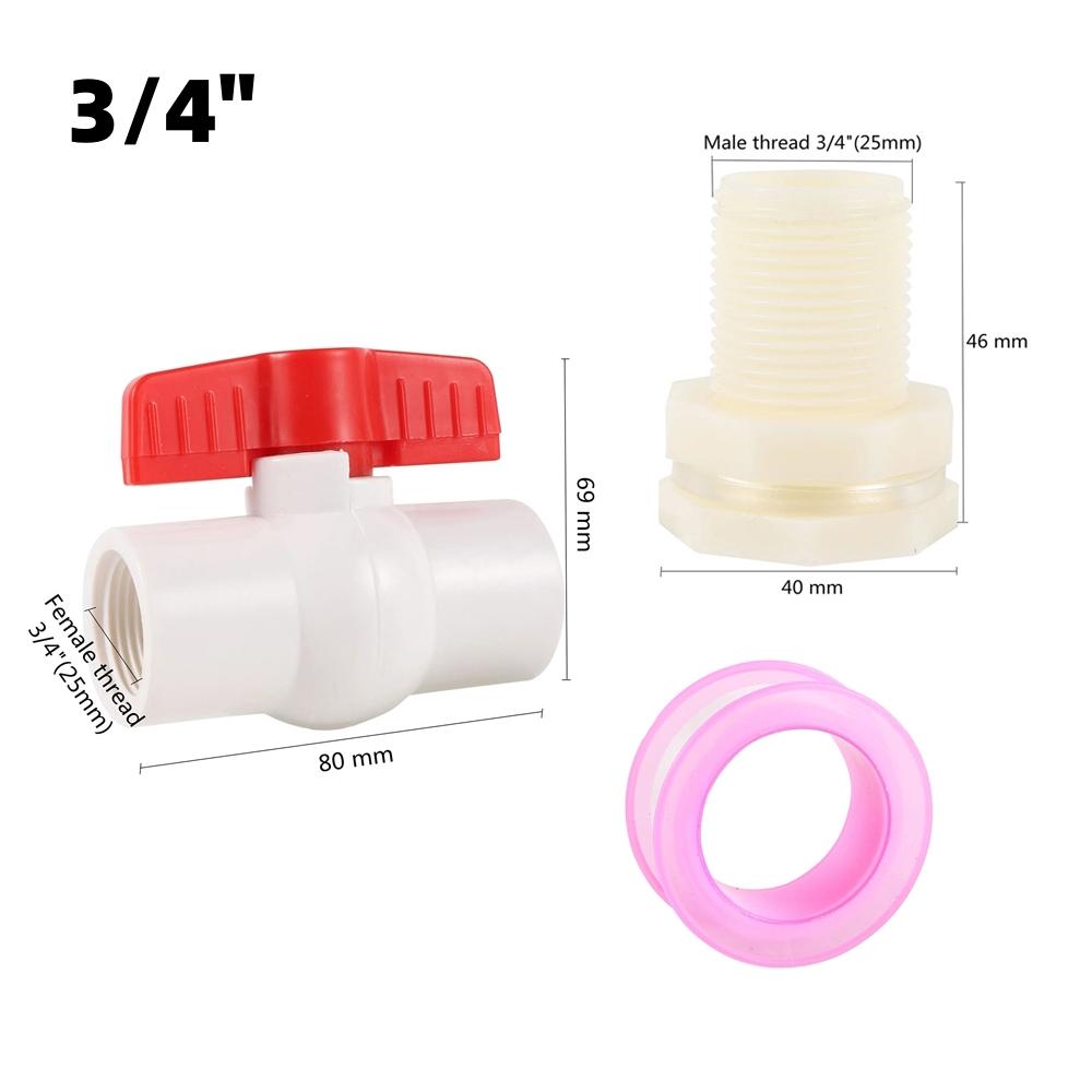 1/2" 3/4" Garden Irrigation Tools Female Thread Ball Valve with Male Thread PVC Connector and Waterstop Tape Water Tank Fittings