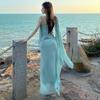 French Haute Dress Dress Holiday Style Waist Mint Green Greek Style Suspender Ribbon Pleated Dress Women's Summer