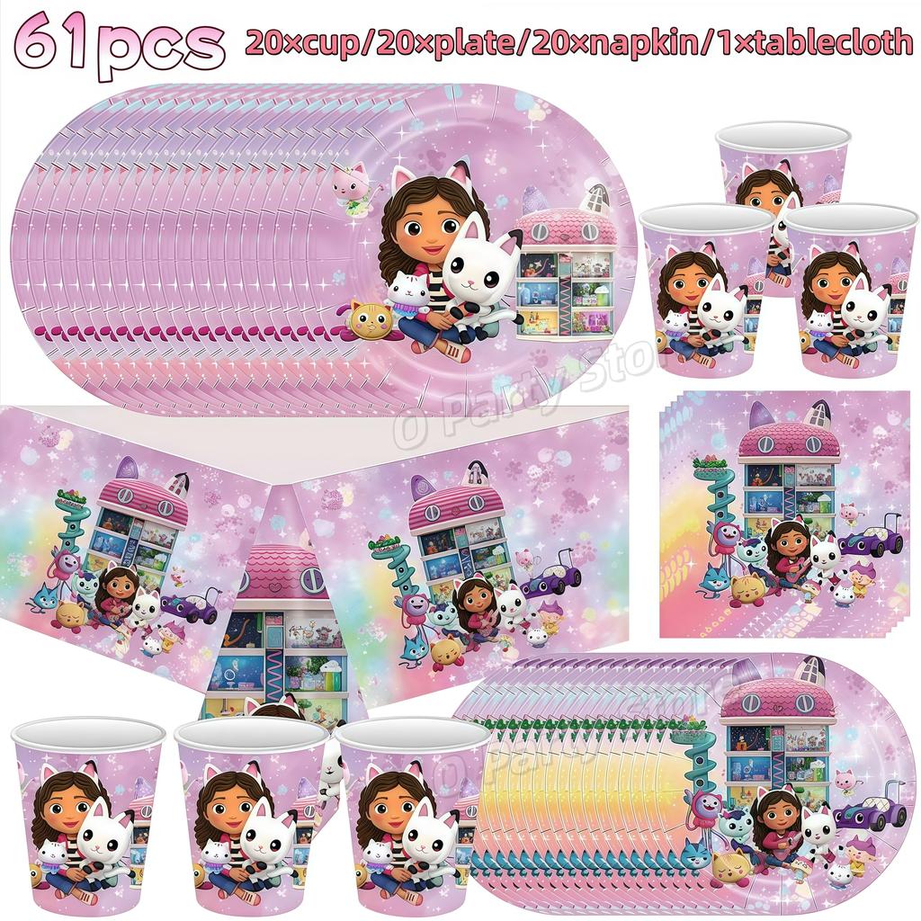 Gabby Dollhouse Birthday Decoration Gabby Disposable Dishes For Parties Girls Boys Favors Baby Shower Supplies Child Party Decor
