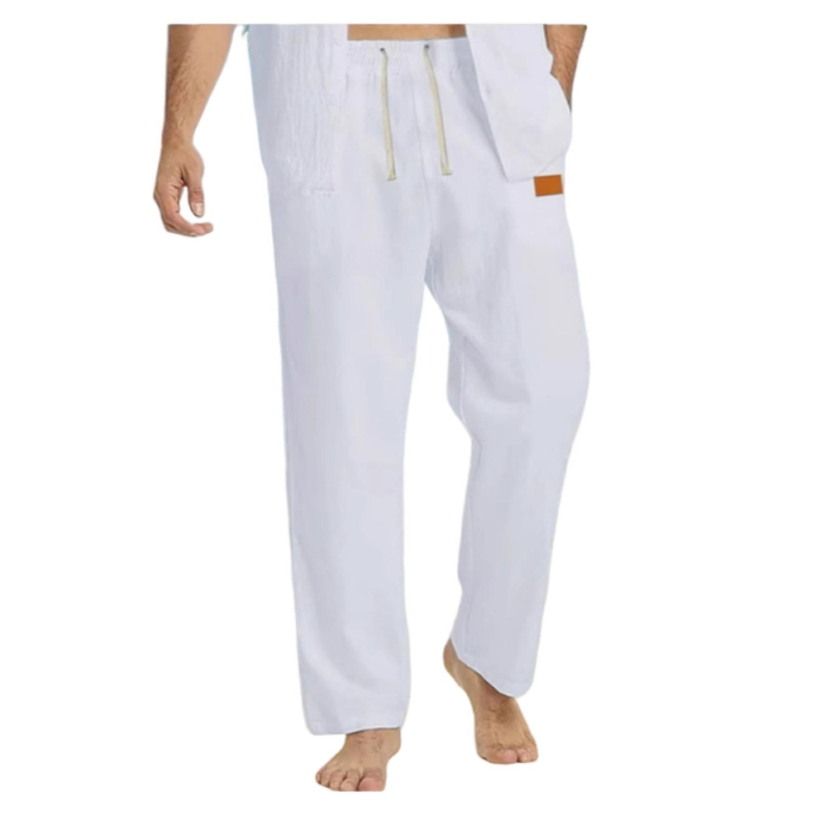 Men s Linen-Cotton Drawstring Beach Pants, Straight Leg Loose Fit Casual Trousers XL белый