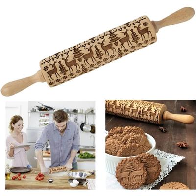 1x Christmas Wood Embossing Rolling Pin Cookies Biscuits Baking Dough Home Kitchen Rolling Pin Elk Noodle Biscuit Fondant Cake Tools