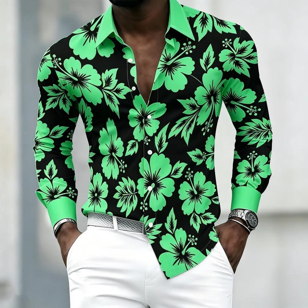 Herren Retro-Blumenprint Langarmhemd mit schwarzem Hintergrund, Hell