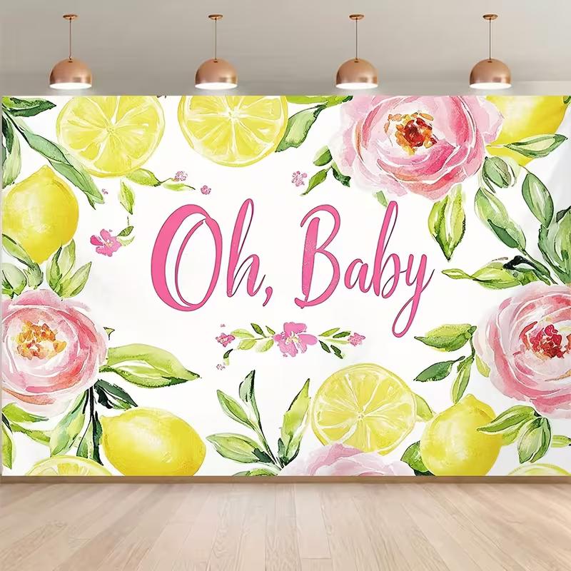 

2D Citrus Floral Backdrop Oh Baby with Watercolor Peonies and Lemons Background 47.2x31.5inch/120*80cm