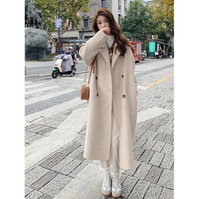 Women's Pink Double-Faced Cashmere Mid-Length Hepburn-Style Coat - 2025 Autumn/Winter Korean Fashion