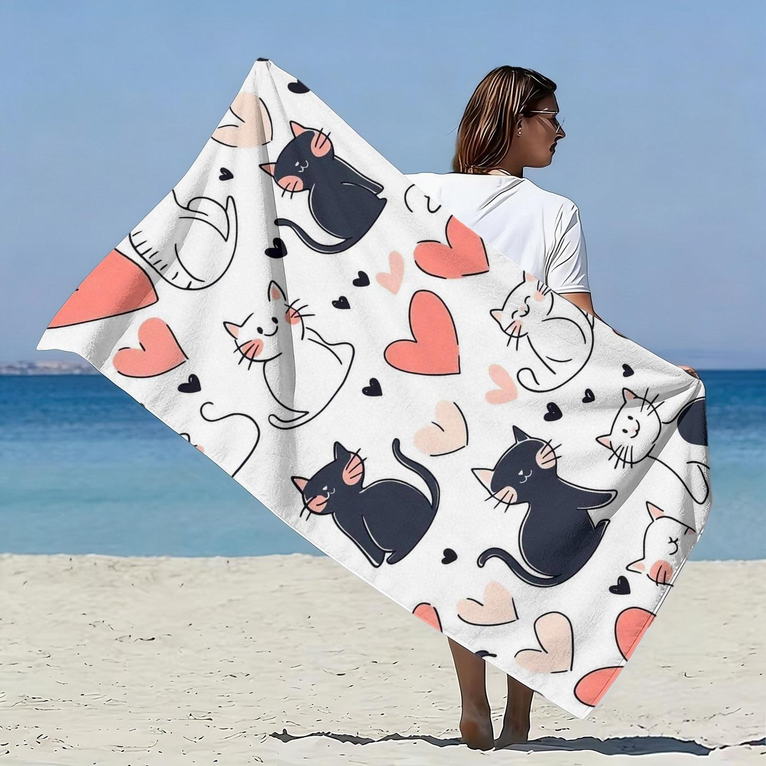 

Cute Cat Heart Print Extra Large Beach Towel, Microfiber Quick-Drying Absorbent for Beach Vacation Pool Party W30*H60(CM)