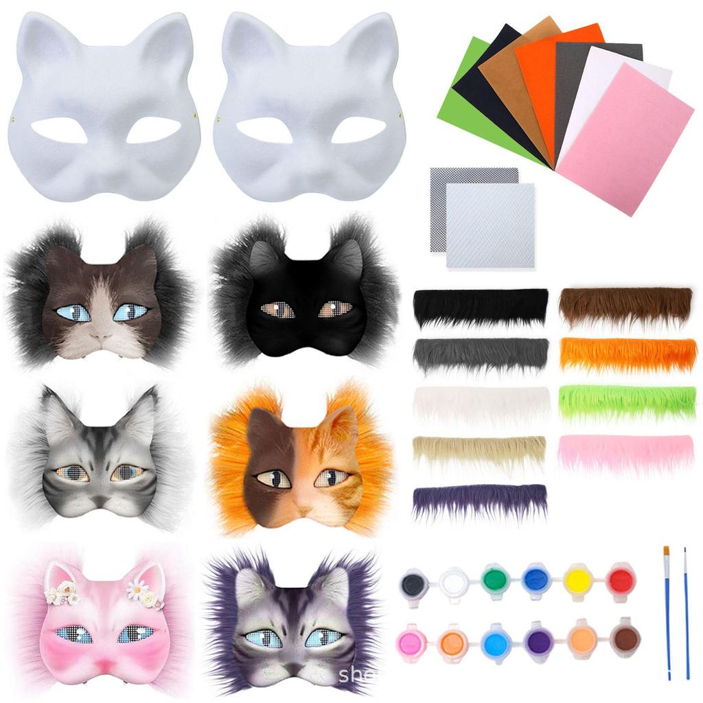 DIY Children's Half-Face Animal Masks - White Paper Pulp Cat and Fox Graffiti Halloween Craft