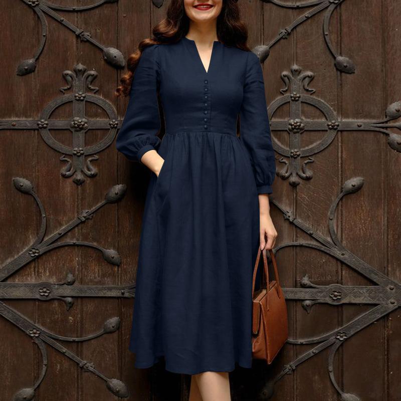 

ZANZEA Женское повседневное платье с V-образным вырезом, однотонное, с рукавами 3/4, длинное 5XL тёмно-синий