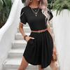 New Dress Sweet and Simple Style Round Neck Lace Petal Short Sleeve Black T-shirt Skirt