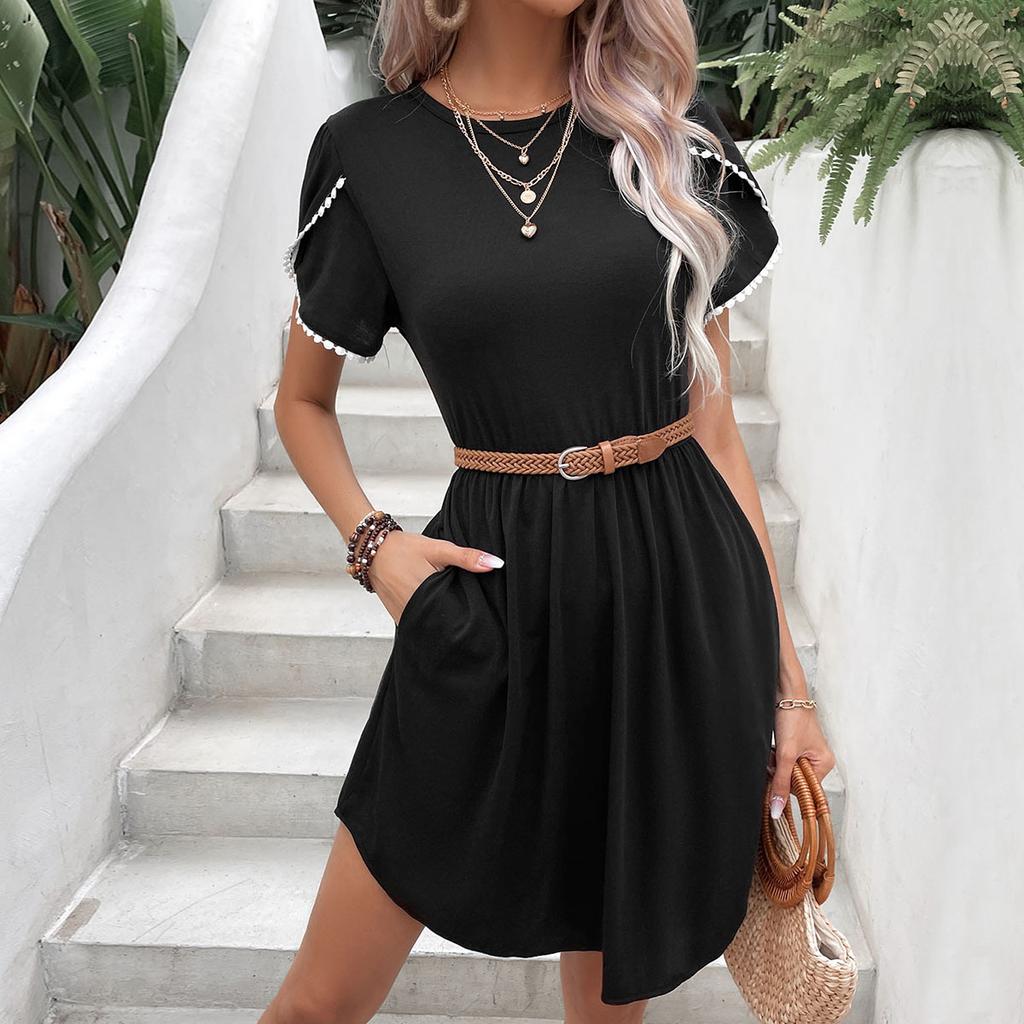 New Dress Sweet and Simple Style Round Neck Lace Petal Short Sleeve Black T-shirt Skirt