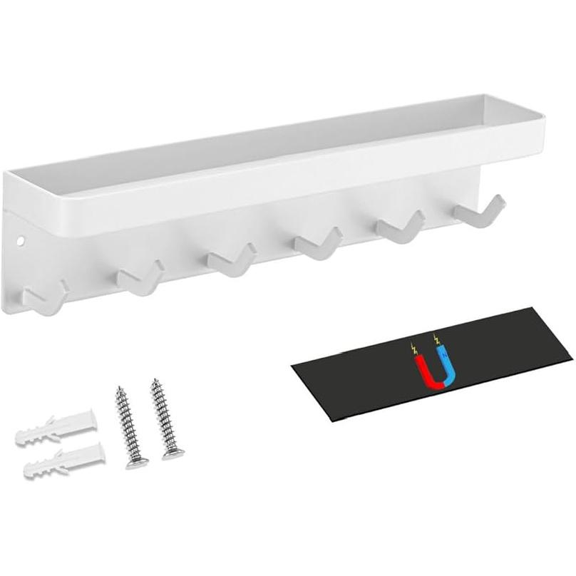 Key Holder for Wall Mount and Adhesive 6 Key Hooks with Shelf Metal Mail Organizer with Key Hooks Decorative Hey Rack with Tray Sunglasses Holder Magnetic-White