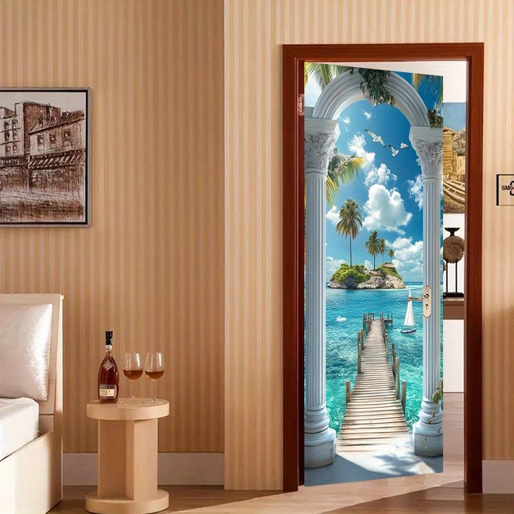 Ruhige tropische Küste, sonnenbeschienen, perfekt für die Schlafzimmerwanddekoration: Selbstklebende PVC-Wandaufkleber im modernen Design und künstlerische Türaufkleber