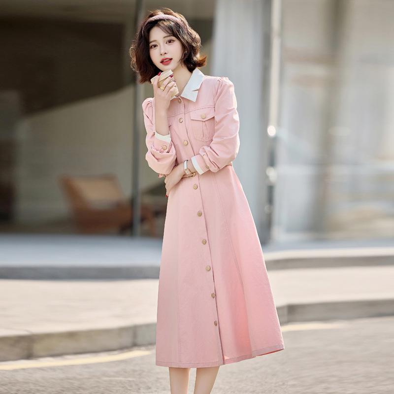 2025 Spring Women's Color Block Long Dress with Belt and Turn-Down Collar