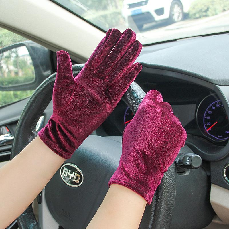 Women's Gold Velvet Etiquette Gloves - Knitted Warm Five-Finger Design for Autumn and Winter