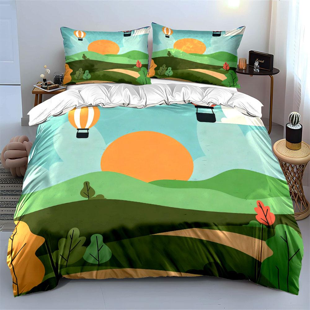 Hot Air Balloon Landscape Decor Soft Comfortable Duvet Cover Bedding Set Included 1*Duvet Cover & 2*Pillowcases, Gift
