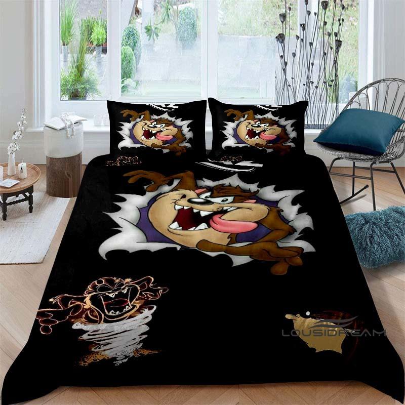 Cartoon T-Tasmanian Devil bedding set, printed single duvet cover and pillowcase three-piece set, children's and adult sizes.002