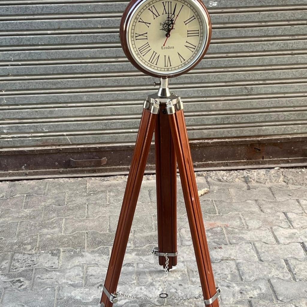 Modern Brown Polished Wooden Tripod Clock Large Analog Display for Home and Office Adjustable Tripod Clock