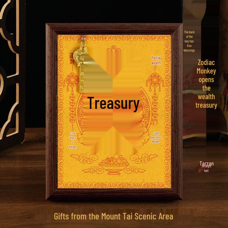 2025 Auspicious Open Wealth Photo Frame with Golden Key, Solid Wood Entrance Foyer, Zodiac Animals, Five Roads to Attract Wealth.