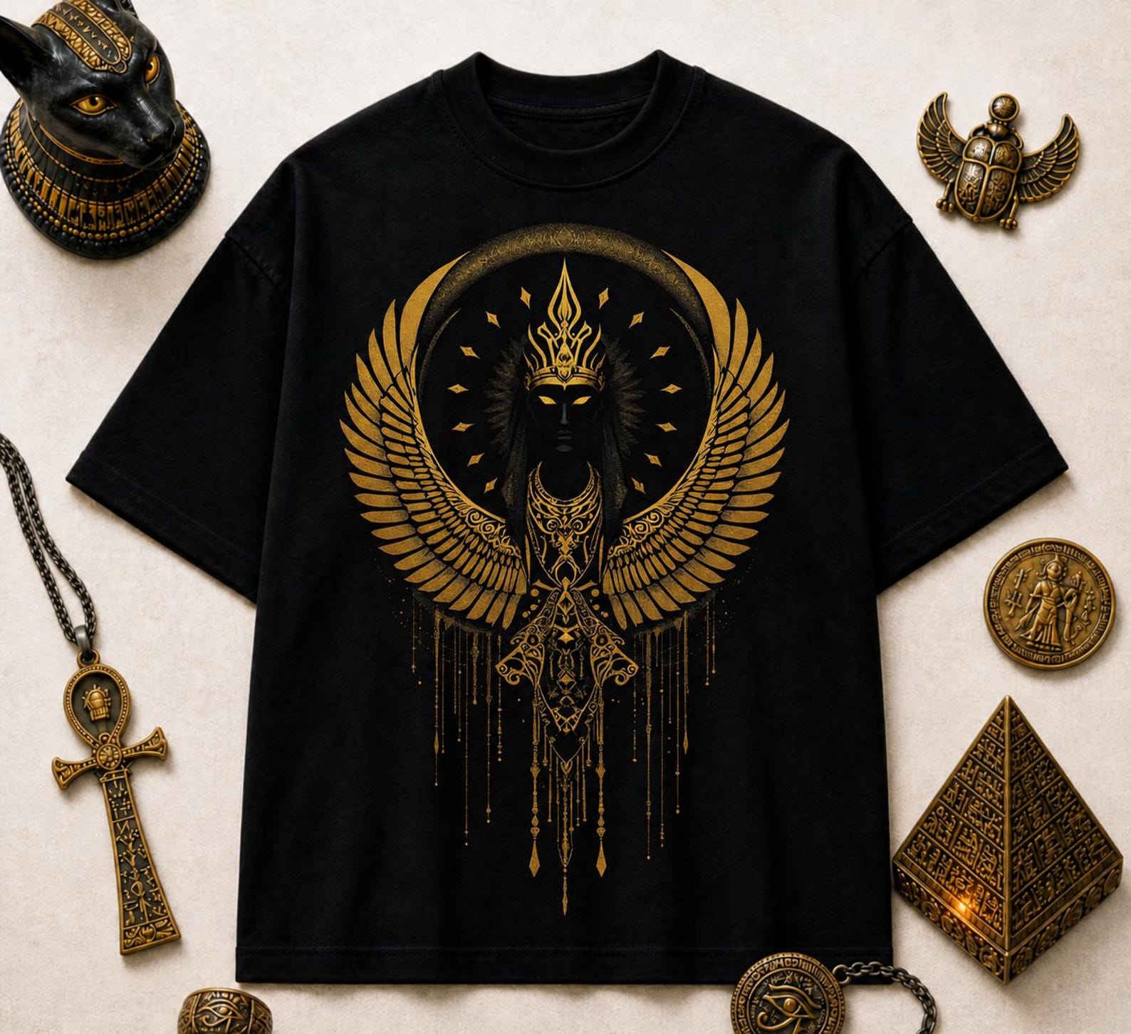 Egyptian Goddess Wings T-Shirt – Gold Ancient Mythology Graphic Tee S