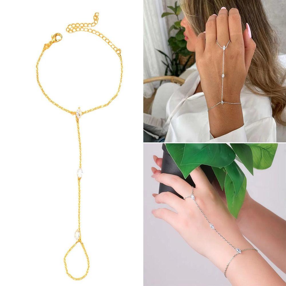 Personalized Gold/Silver Crystal Zircon Bracelet Hand Jewelry Women Thin Chain Finger Ring Hand Chain Finger Bracelet