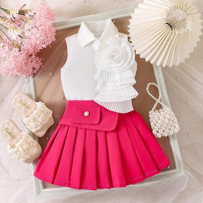 Girls Fashion Set Summer Children's Casual Sleeveless Shirt Rose Red Pleated Skirt Set