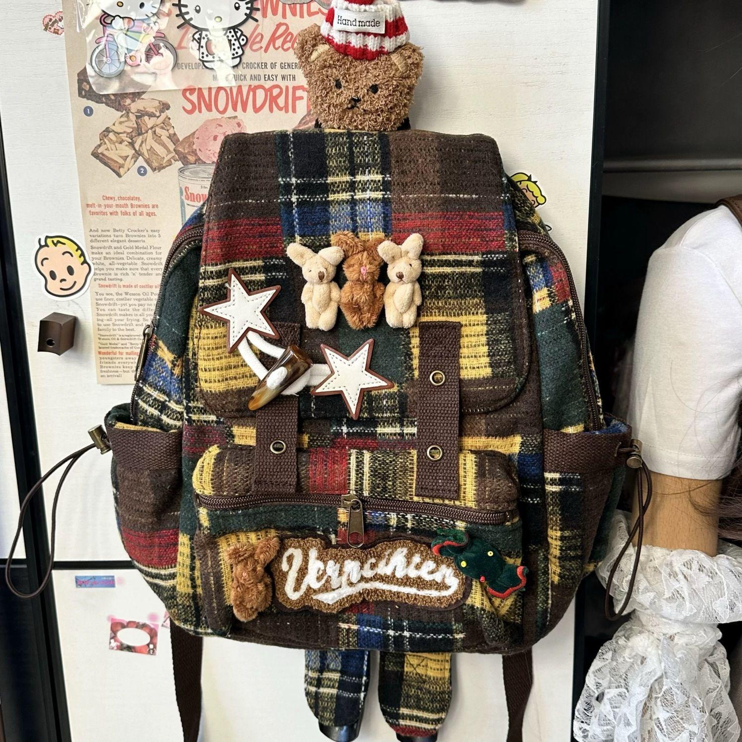 

JIAERDI Harajuku Bear Y2k Backpack Women New 2025 High Street Retro Plaid Patchwork Schoolbag Female Casual Mochila Aesthetic 25x30x12cm коричневый