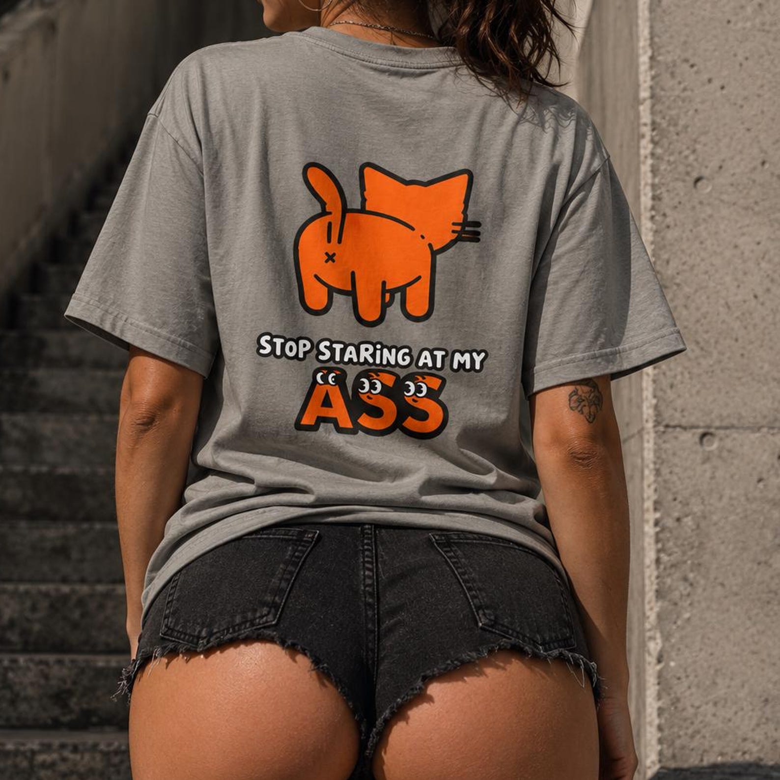 Stop Staring At My Ass Cat Shirt | Funny Cat Butt Graphic Tee 4XL