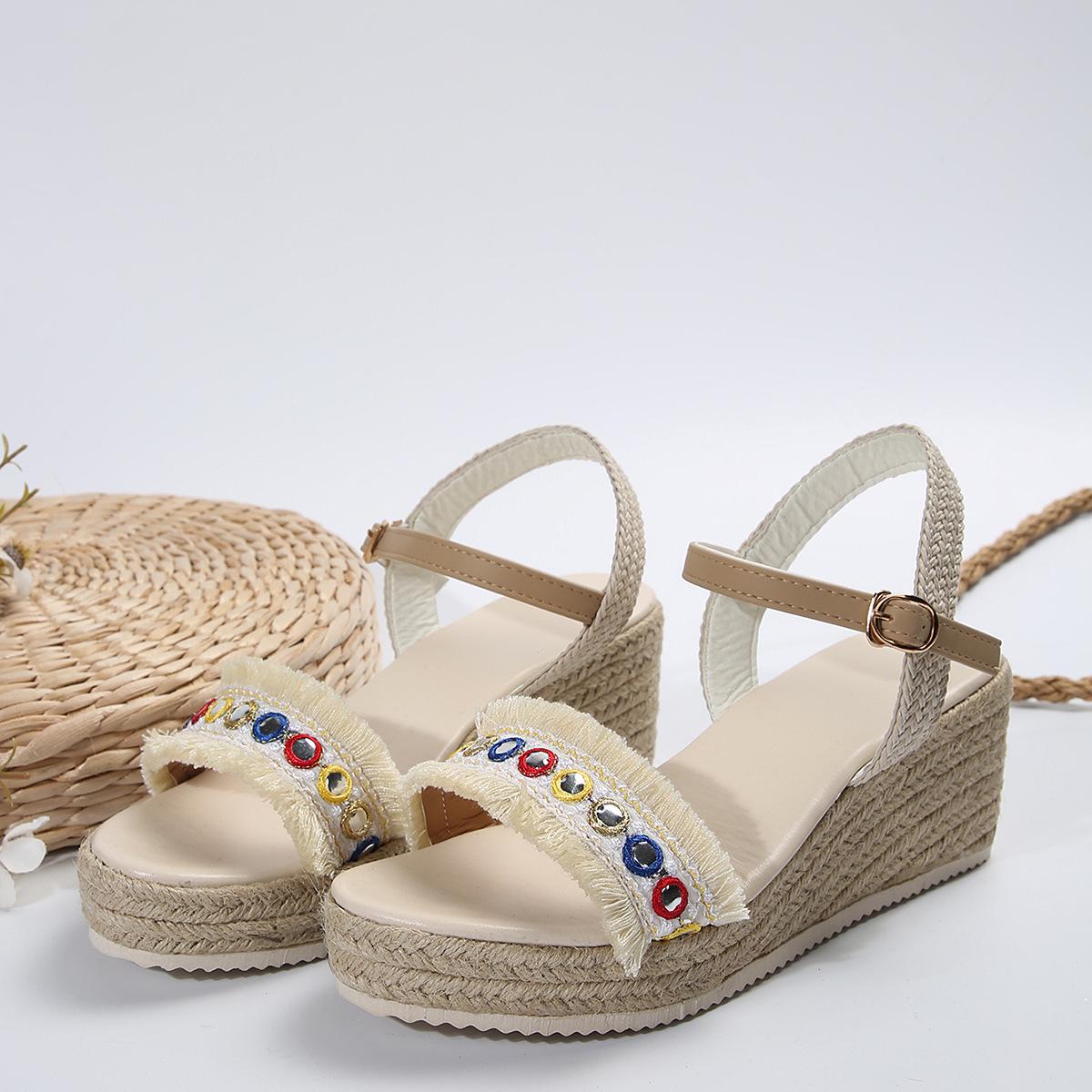 

Внешняя торговля большой размер танкетка сандалии юношеские 2024 весна и осень новые рыбий рот джутовая веревка подошва сандалии с ремешком на щиколотке женские 43