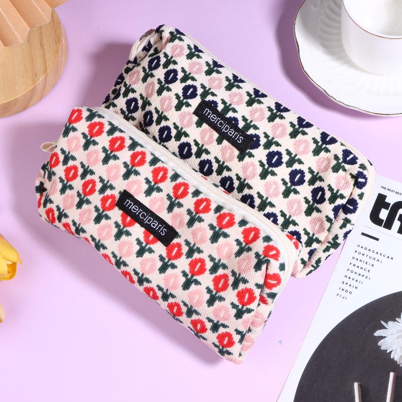Vintage Corduroy Federmäppchen Retro Blumenmuster Federtasche Große Kapazität Schreibwaren Tasche Für Schüler Büro Make-up Aufbewahrung