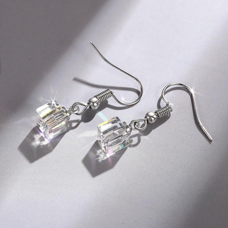 Iridescent AB Aurora Borealis Square Faceted Crystal Charm Drop Earrings Silver Wire Hook Dainty Casual Ladies Accessories