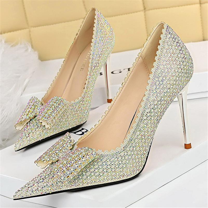 

Luuxry, женские блестящие туфли-лодочки на высоком каблуке 9,5 см, туфли-лодочки Tacones, блестящие туфли на каблуке с завязками и кристаллами, туфли больших размеров для свадебной вечеринки