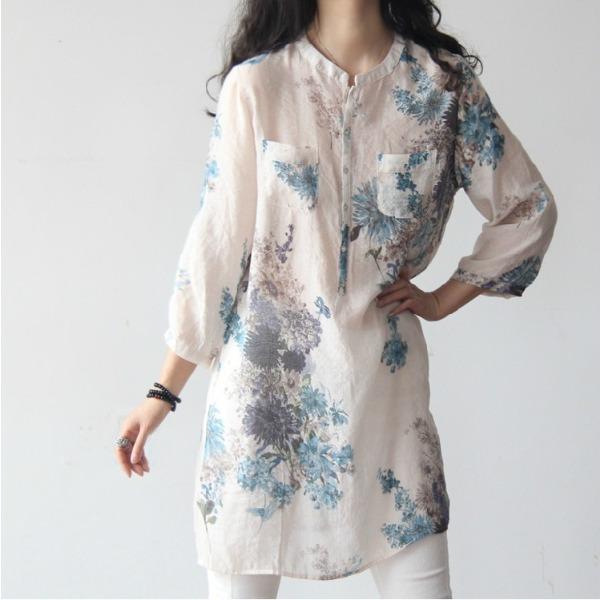 Spring/Summer Women's Cotton and Hemp Floral Shirts Large Size Loose Medium To Long Seven Sleeve Shirt