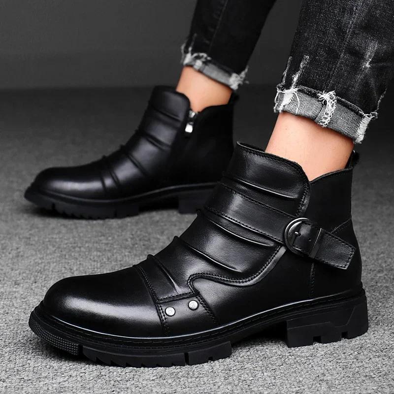 Italská vysoká kvalita Módní pánské boty z pravé kůže Módní ležérní ploché designové outdoorové polokozačky Chelsea s kulatou špičkou pro muže