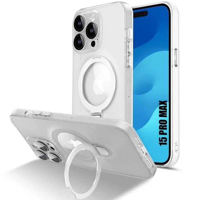Coque pour iPhone 15 Pro Max, Antichoc Anti-Rayures Rigide avec Support Magnétique Rotatif et Protection Caméra - Translucide